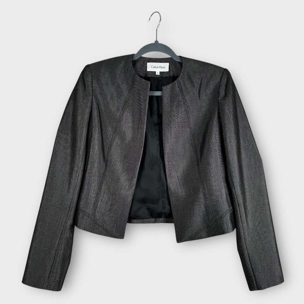 Calvin Klein - Women's Cropped Suit Jacket - Dark‎ Grey - Collarless - Size 2